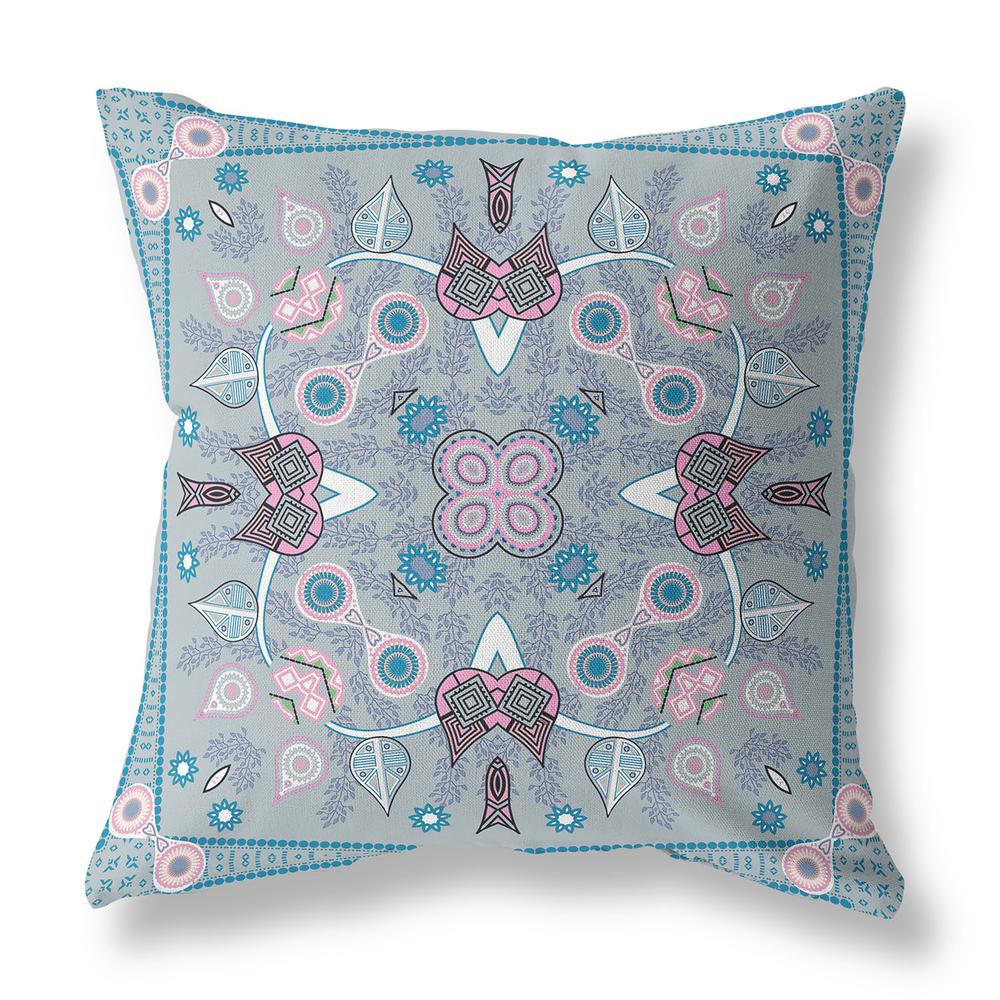 20" X 20" Grey And Pink Blown Seam Floral Indoor Outdoor Throw Pillow. Picture 1