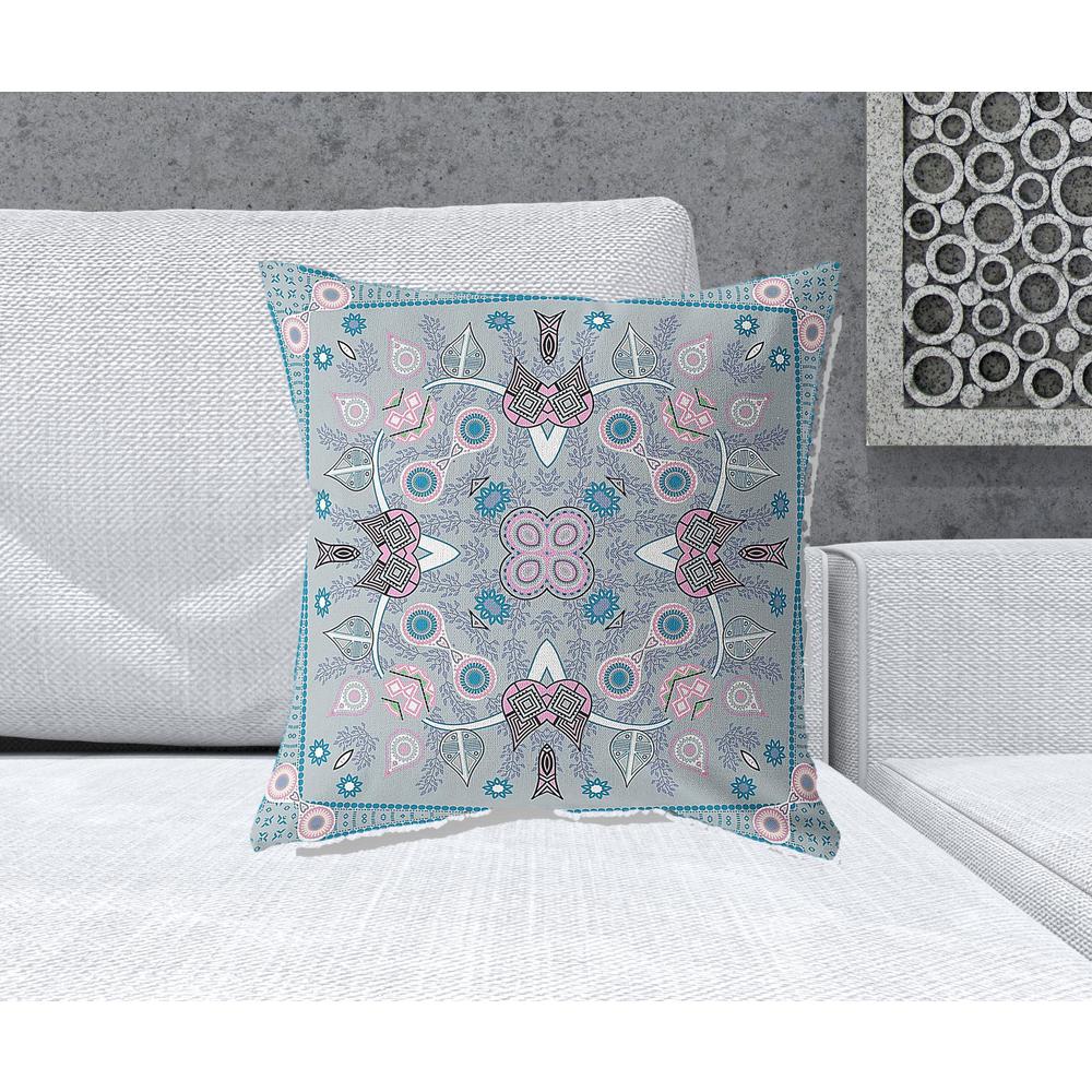 20" X 20" Grey And Pink Blown Seam Floral Indoor Outdoor Throw Pillow. Picture 2