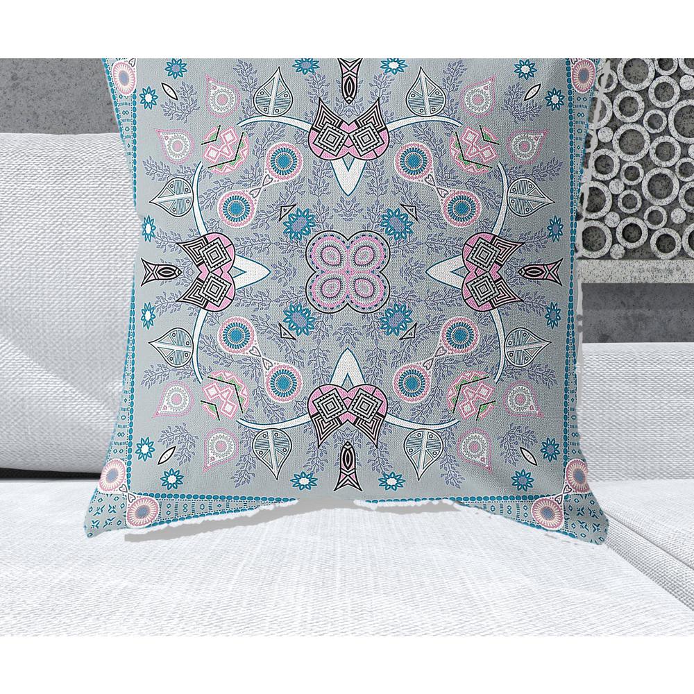 28" X 28" Grey And Pink Blown Seam Floral Indoor Outdoor Throw Pillow. Picture 2