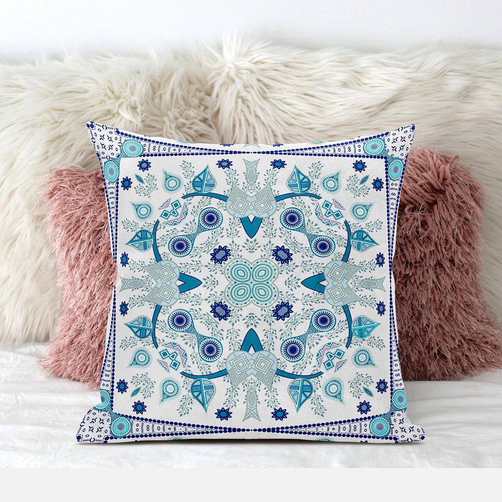 26" x 26" Blue and White Blown Seam Paisley Indoor Outdoor Throw Pillow. Picture 5