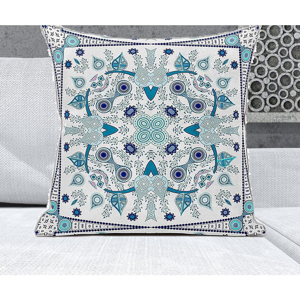 26" x 26" Blue and White Blown Seam Paisley Indoor Outdoor Throw Pillow. Picture 4