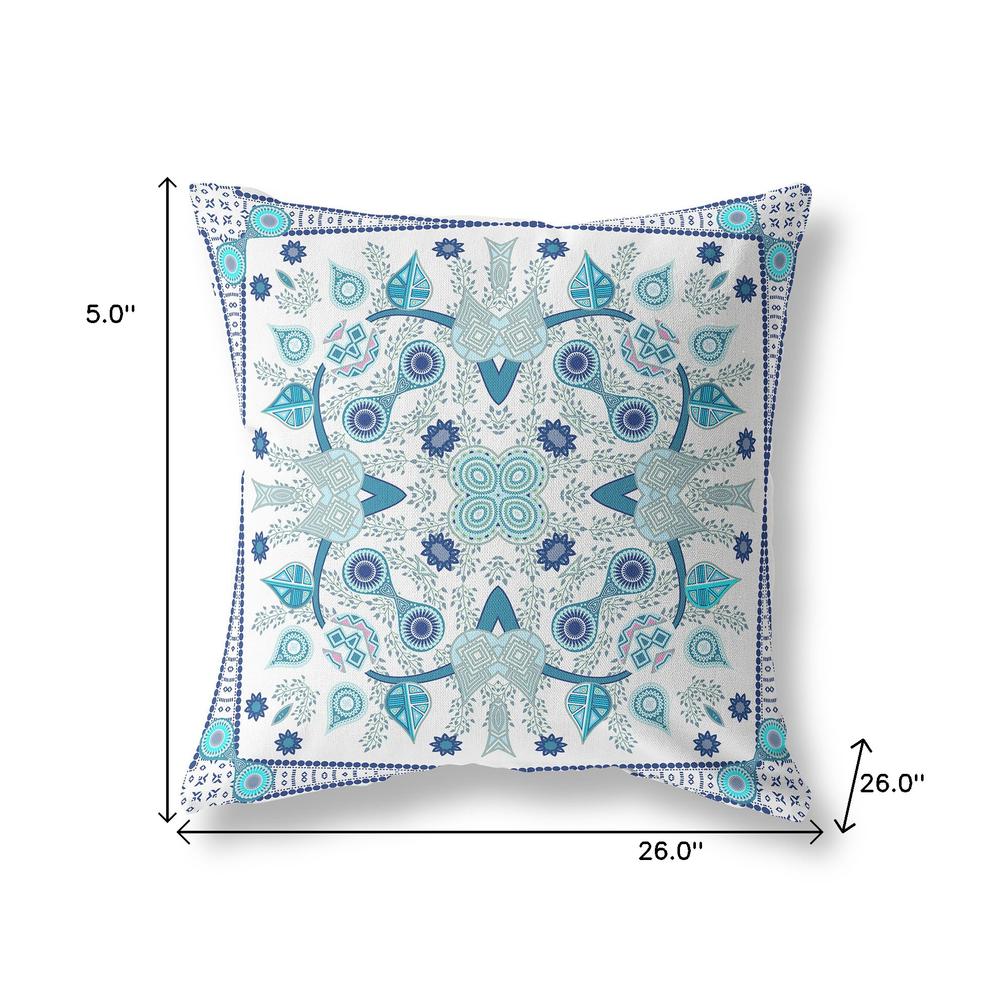 26" x 26" Blue and White Blown Seam Paisley Indoor Outdoor Throw Pillow. Picture 9