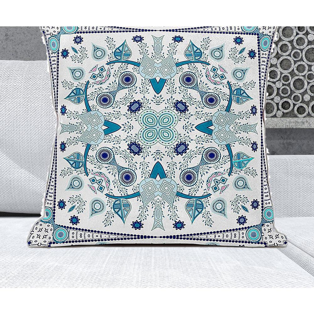 28" x 28" Blue and White Blown Seam Paisley Indoor Outdoor Throw Pillow. Picture 4