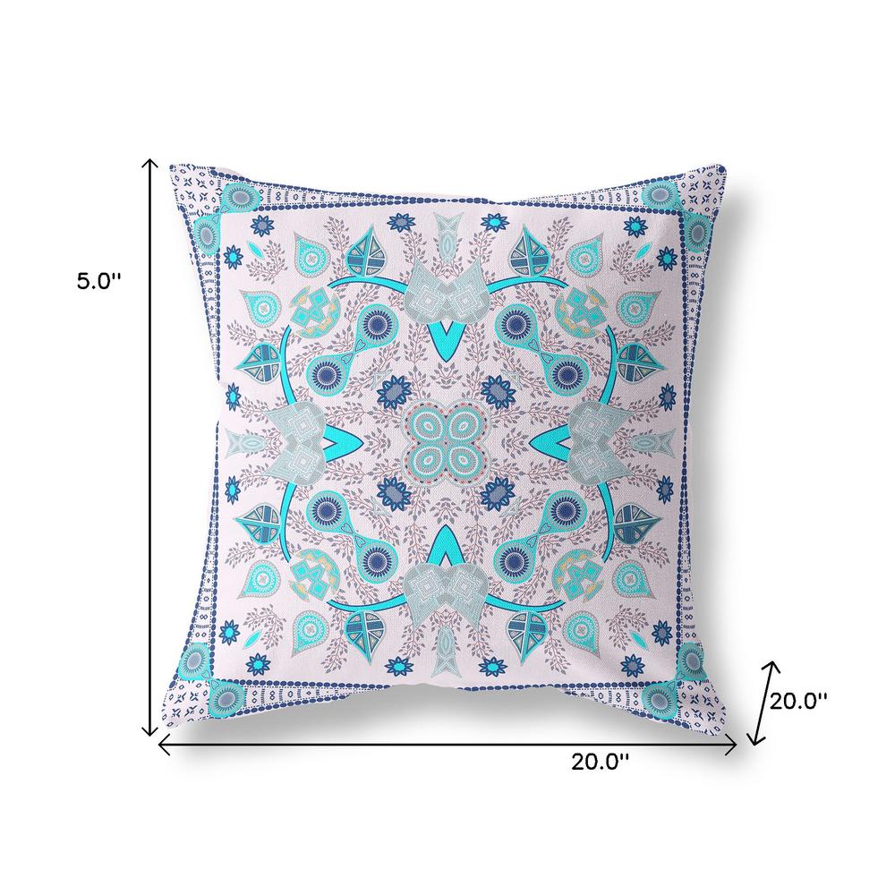 20" X 20" Light Blue Blown Seam Floral Indoor Outdoor Throw Pillow. Picture 8