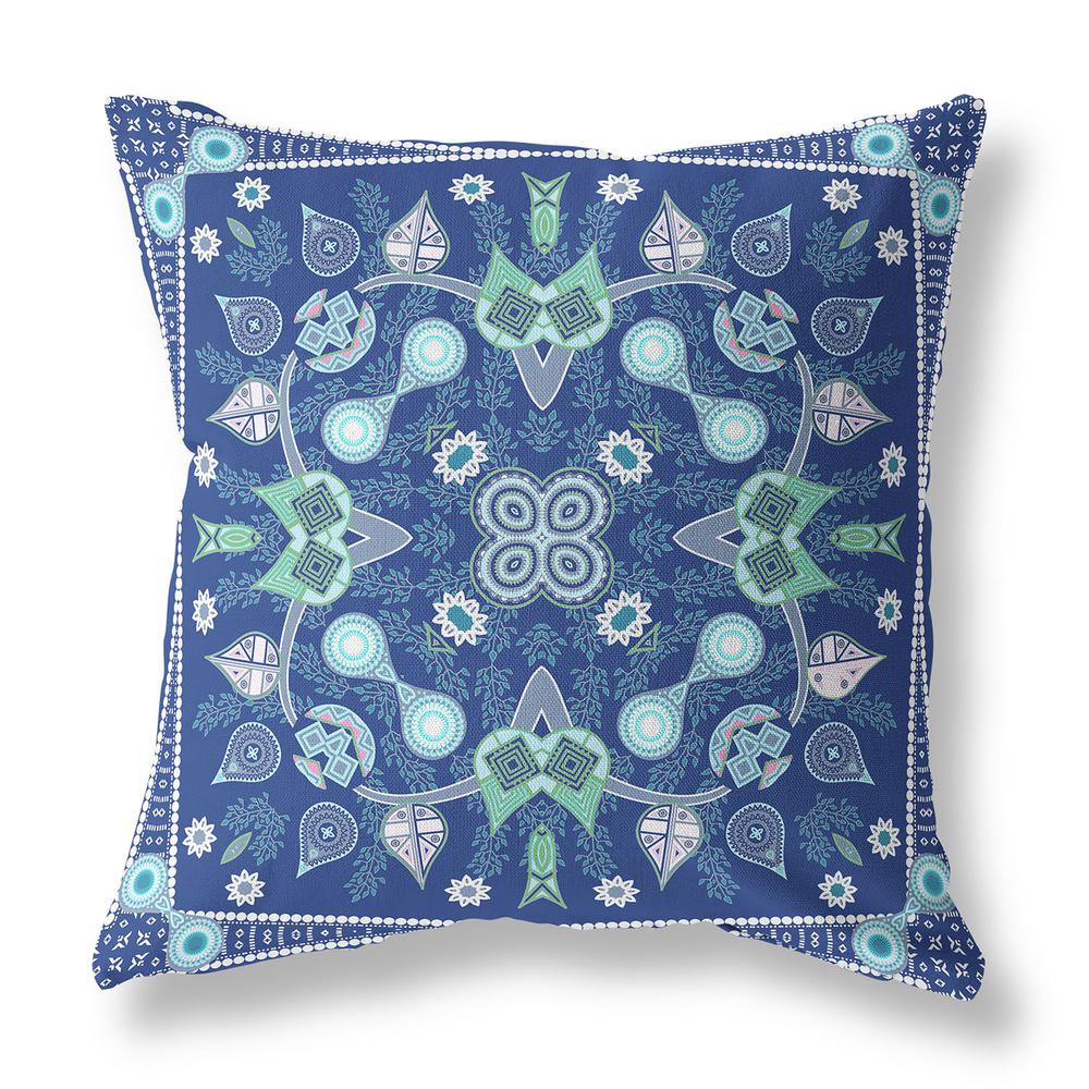 16" x 16" Midnight Blue Blown Seam Paisley Indoor Outdoor Throw Pillow. Picture 1