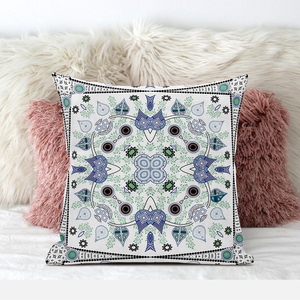 18" x 18" Blue and Off White Blown Seam Paisley Indoor Outdoor Throw Pillow. Picture 4