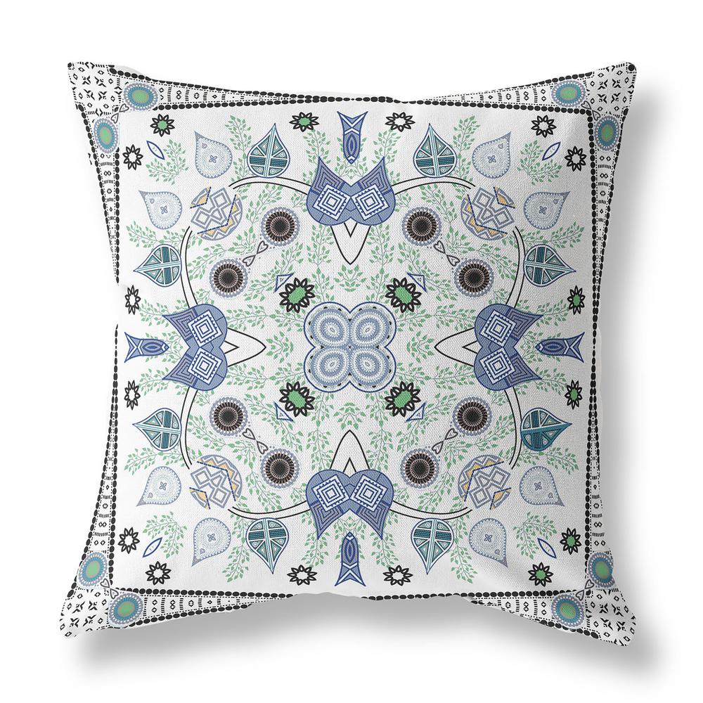 18" x 18" Blue and Off White Blown Seam Paisley Indoor Outdoor Throw Pillow. Picture 1