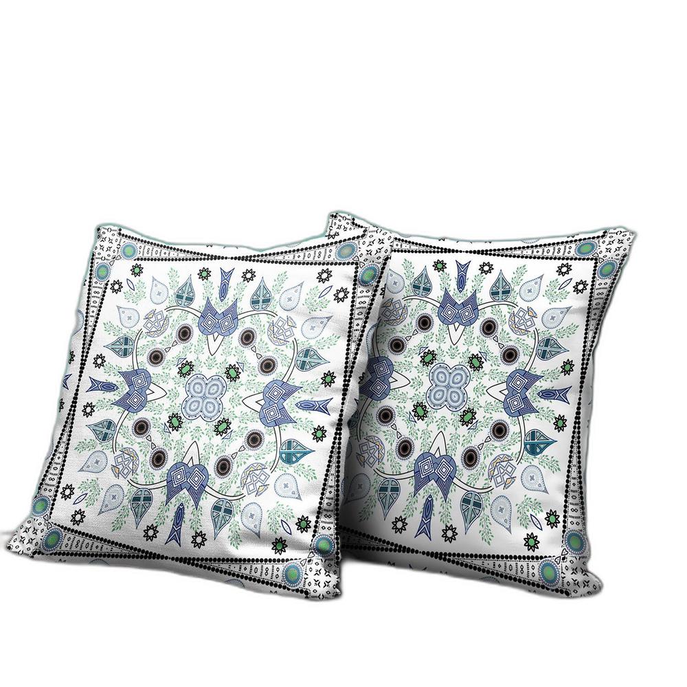 18" x 18" Blue and Off White Blown Seam Paisley Indoor Outdoor Throw Pillow. Picture 3