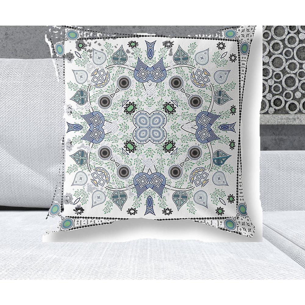 26" x 26" Blue and Off White Blown Seam Paisley Indoor Outdoor Throw Pillow. Picture 2