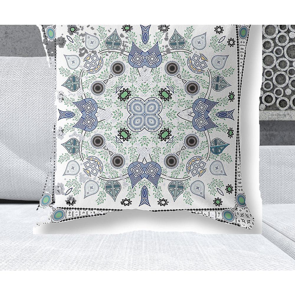 28" x 28" Blue and Off White Blown Seam Paisley Indoor Outdoor Throw Pillow. Picture 2