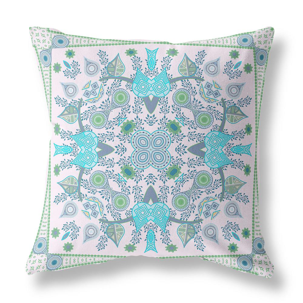 18" X 18" White And Green Blown Seam Floral Indoor Outdoor Throw Pillow. Picture 1