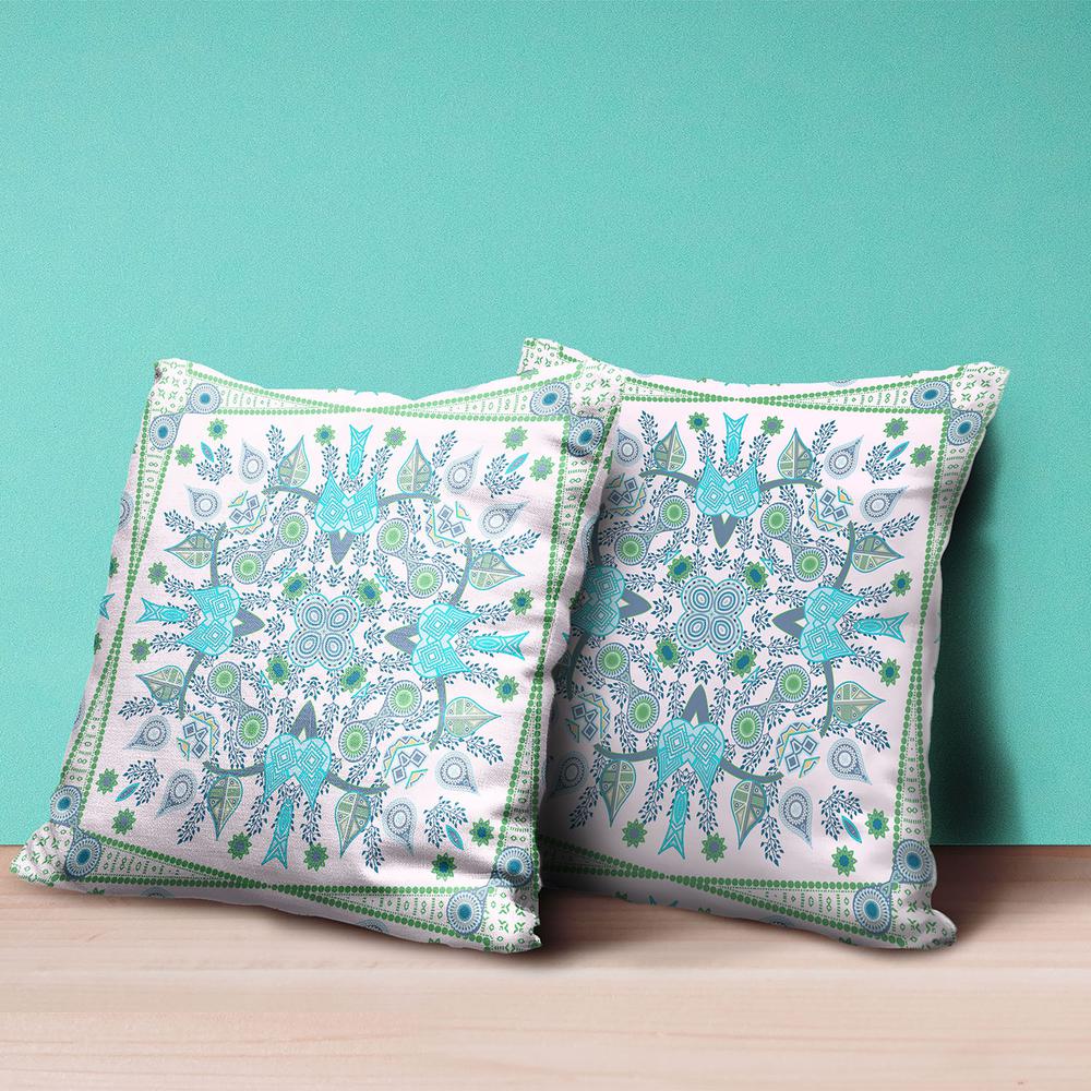 18" X 18" White And Green Blown Seam Floral Indoor Outdoor Throw Pillow. Picture 4