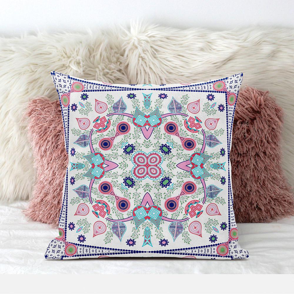 16" X 16" White And Blue Blown Seam Floral Indoor Outdoor Throw Pillow. Picture 4