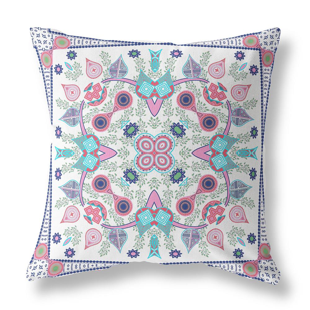 16" X 16" White And Blue Blown Seam Floral Indoor Outdoor Throw Pillow. Picture 2