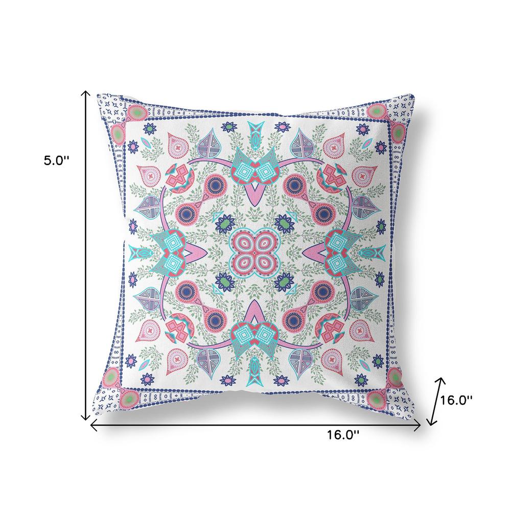 16" X 16" White And Blue Blown Seam Floral Indoor Outdoor Throw Pillow. Picture 8
