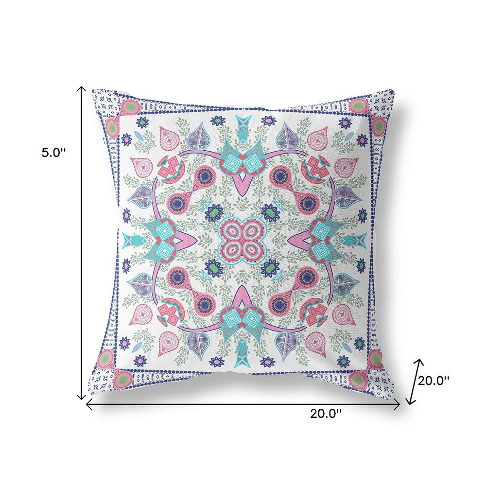 20" X 20" White And Blue Blown Seam Floral Indoor Outdoor Throw Pillow. Picture 8