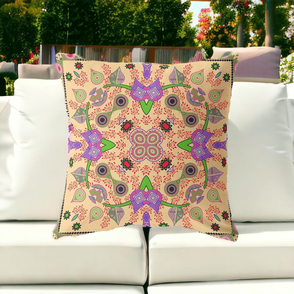 16" X 16" Beige and Green Blown Seam Paisley Indoor Outdoor Throw Pillow. Picture 2