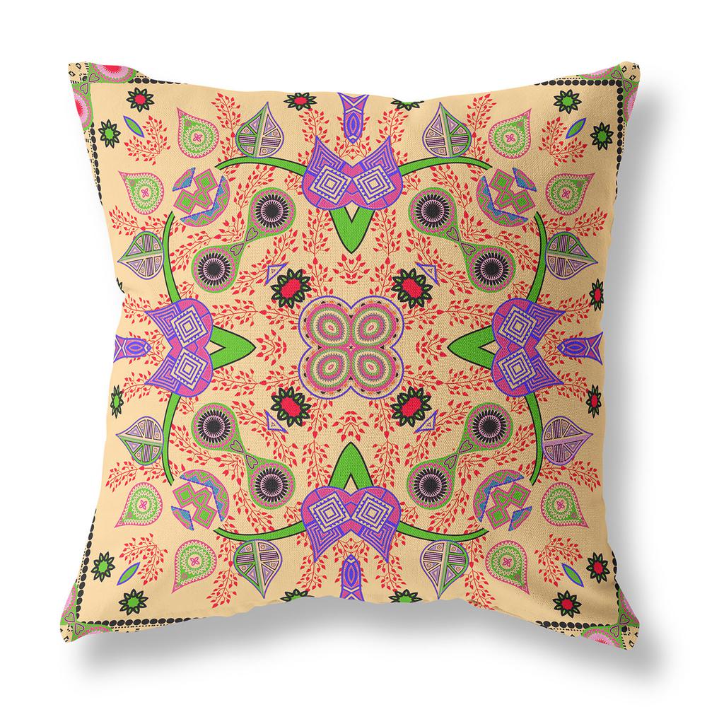 16" X 16" Beige and Green Blown Seam Paisley Indoor Outdoor Throw Pillow. Picture 1