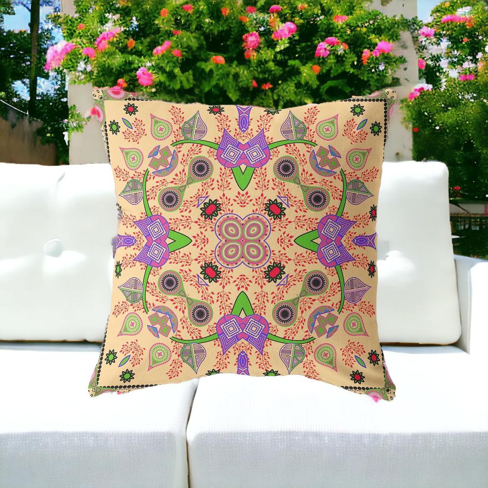 26" X 26" Beige and Green Blown Seam Paisley Indoor Outdoor Throw Pillow. Picture 2