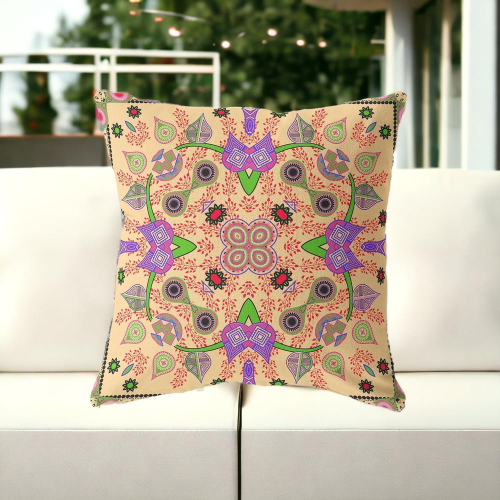 28" X 28" Beige and Green Blown Seam Paisley Indoor Outdoor Throw Pillow. Picture 2