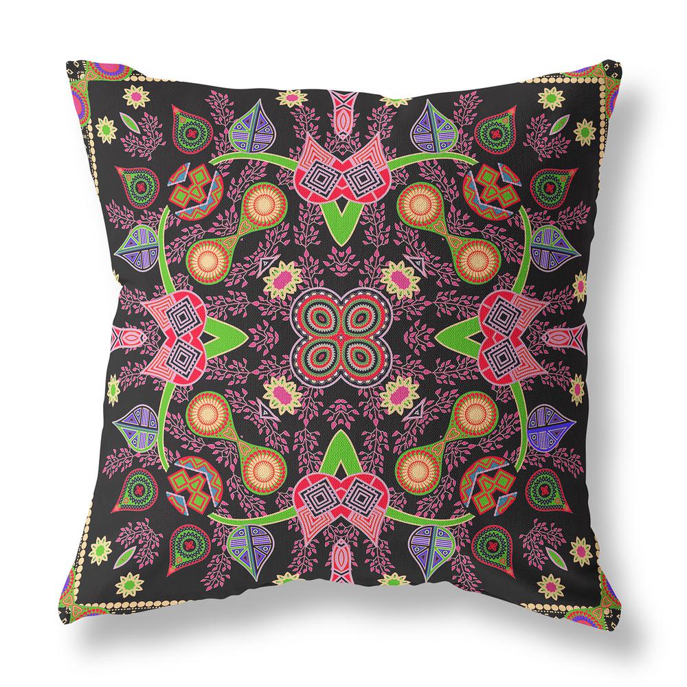 16" x 16" Black and Pink Blown Seam Paisley Indoor Outdoor Throw Pillow. Picture 1