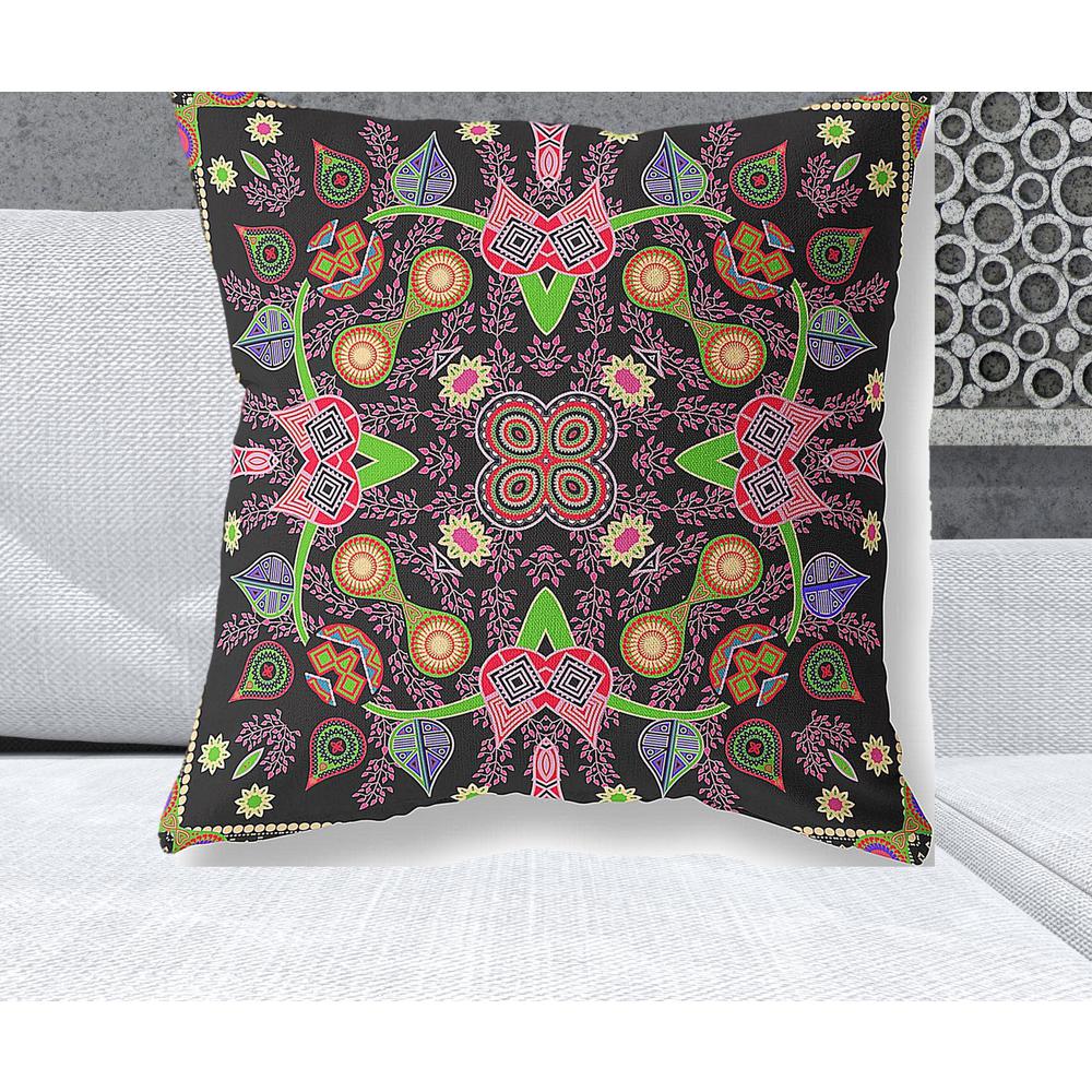 26" x 26" Black and Pink Blown Seam Paisley Indoor Outdoor Throw Pillow. Picture 2