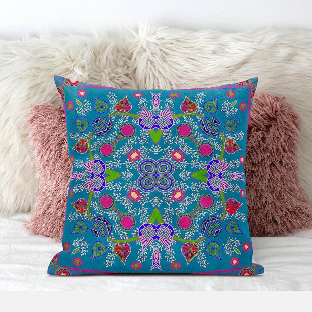 16" x 16" Blue and Green Blown Seam Paisley Indoor Outdoor Throw Pillow. Picture 4