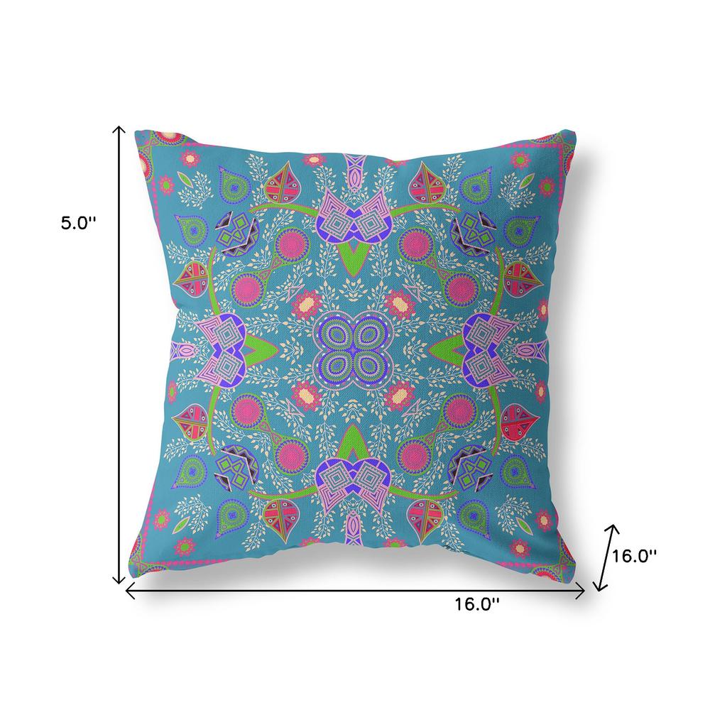 16" x 16" Blue and Green Blown Seam Paisley Indoor Outdoor Throw Pillow. Picture 8