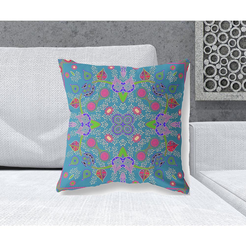 20" x 20" Blue and Green Blown Seam Paisley Indoor Outdoor Throw Pillow. Picture 2