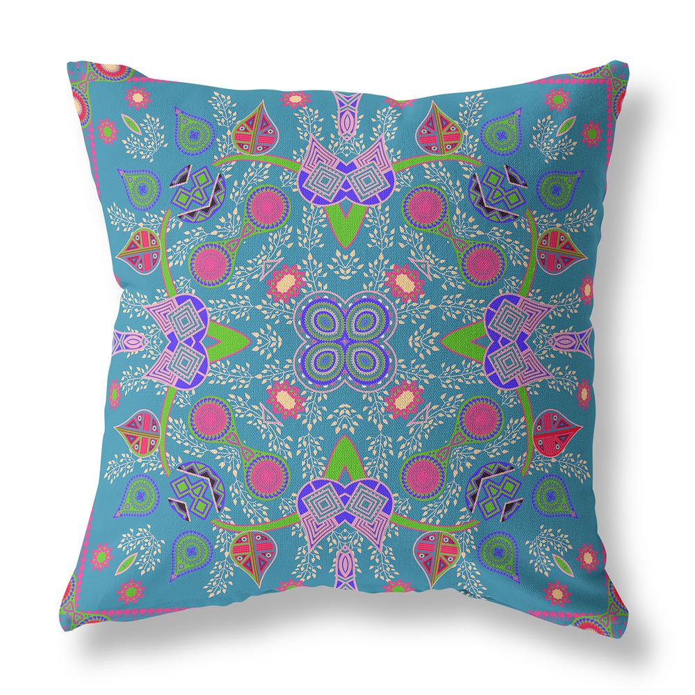 28" x 28" Blue and Green Blown Seam Paisley Indoor Outdoor Throw Pillow. Picture 1