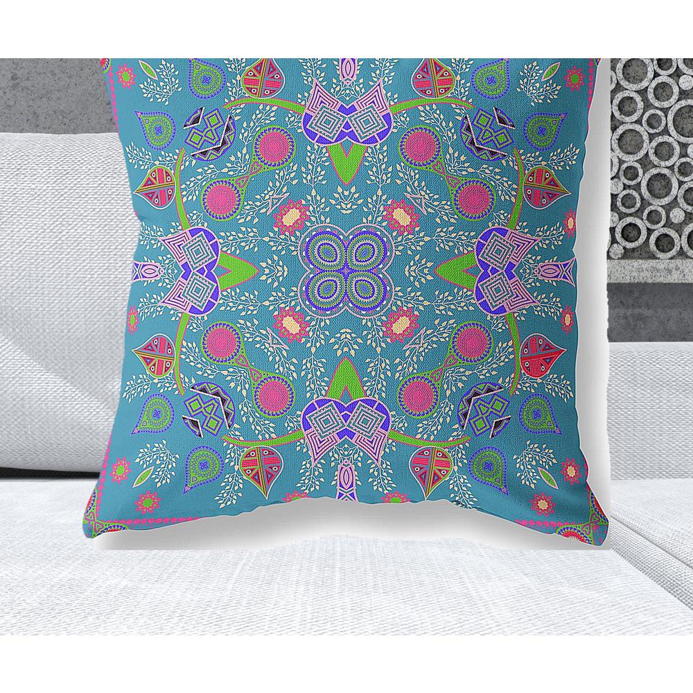 28" x 28" Blue and Green Blown Seam Paisley Indoor Outdoor Throw Pillow. Picture 2