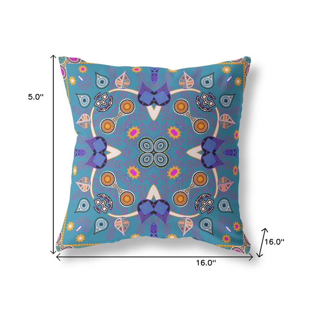 16" x 16" Blue and Gold Blown Seam Paisley Indoor Outdoor Throw Pillow. Picture 7