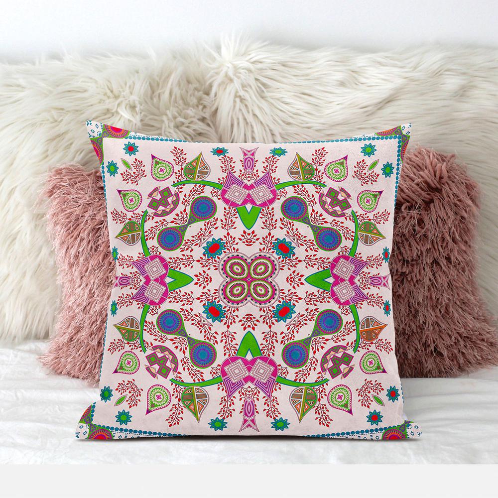 18" X 18" Pink and Green Blown Seam Paisley Indoor Outdoor Throw Pillow. Picture 5