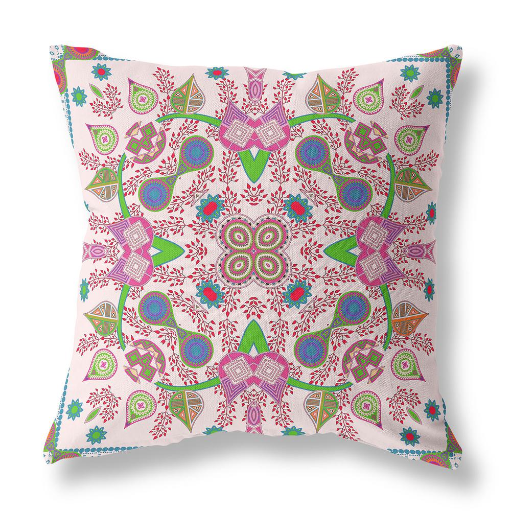 18" X 18" Pink and Green Blown Seam Paisley Indoor Outdoor Throw Pillow. Picture 1
