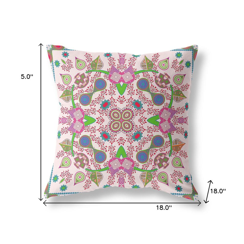 18" X 18" Pink and Green Blown Seam Paisley Indoor Outdoor Throw Pillow. Picture 8