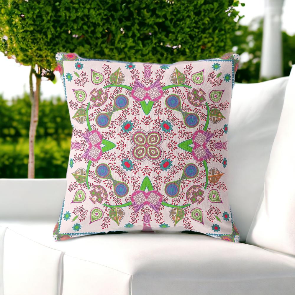 18" X 18" Pink and Green Blown Seam Paisley Indoor Outdoor Throw Pillow. Picture 2