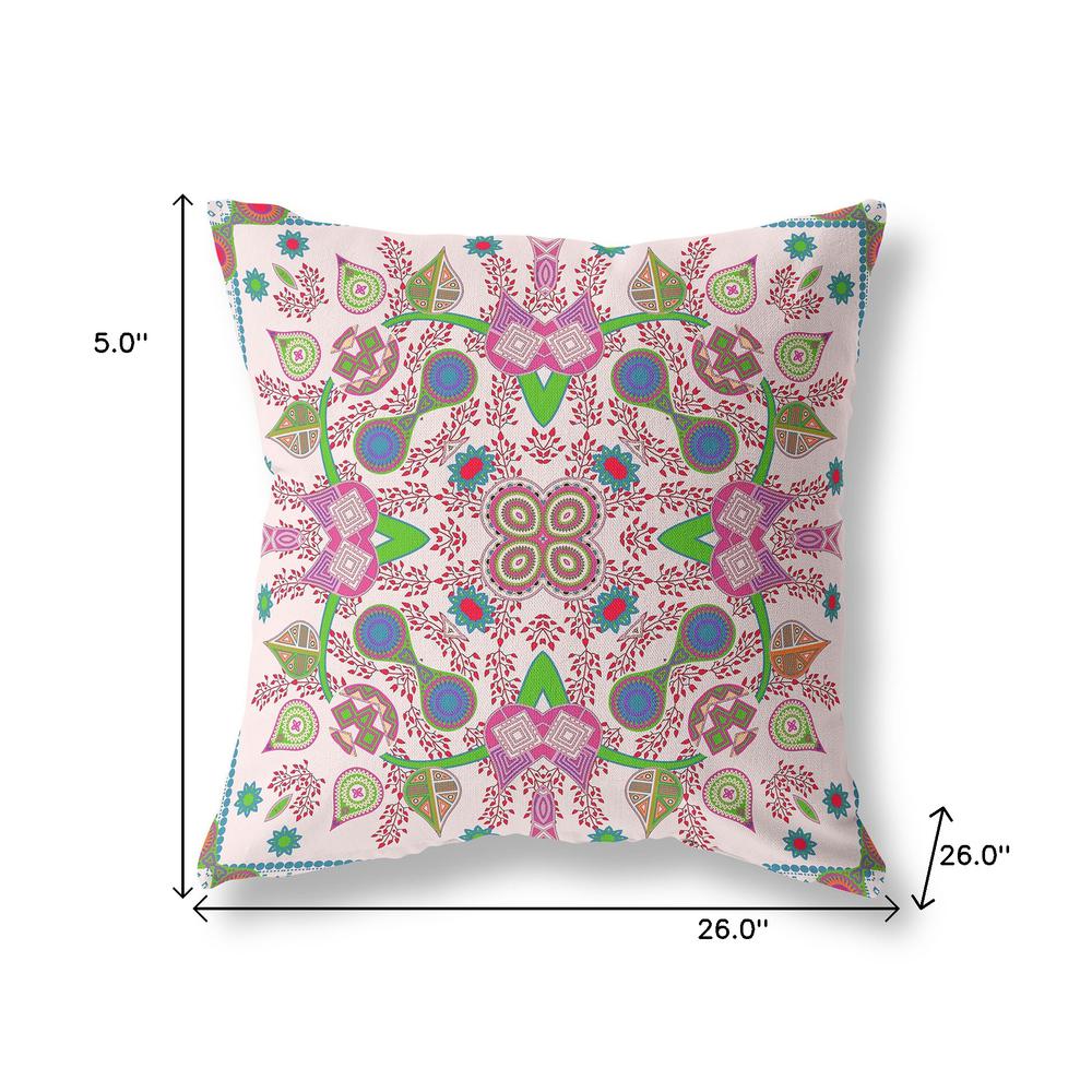 26" X 26" Pink and Green Blown Seam Paisley Indoor Outdoor Throw Pillow. Picture 8