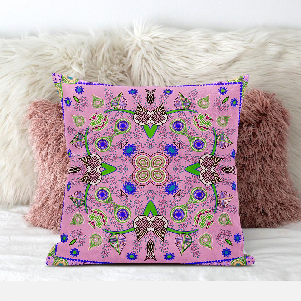 18" X 18" Pink And Green Blown Seam Floral Indoor Outdoor Throw Pillow. Picture 4