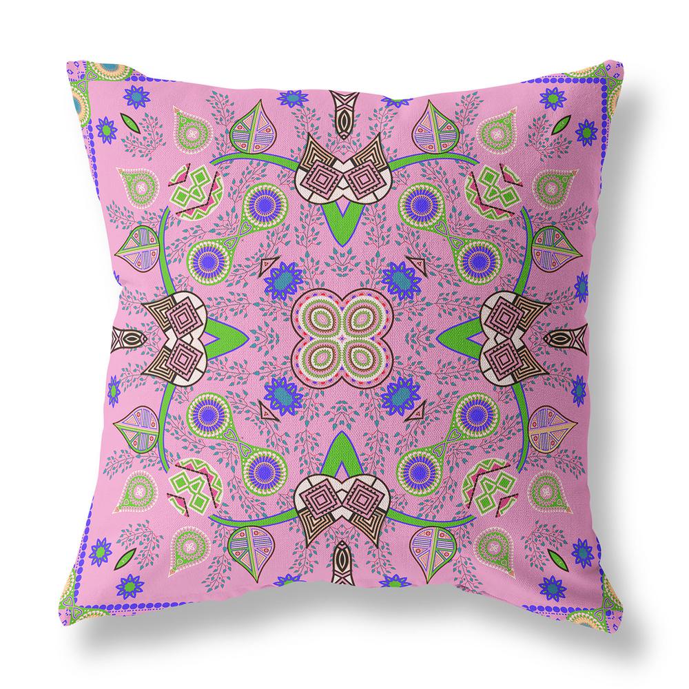 18" X 18" Pink And Green Blown Seam Floral Indoor Outdoor Throw Pillow. Picture 2
