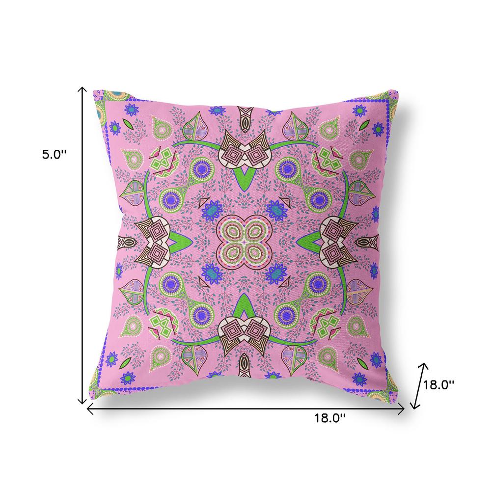 18" X 18" Pink And Green Blown Seam Floral Indoor Outdoor Throw Pillow. Picture 8