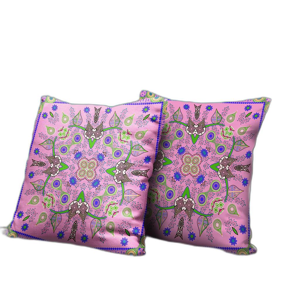 18" X 18" Pink And Green Blown Seam Floral Indoor Outdoor Throw Pillow. Picture 1