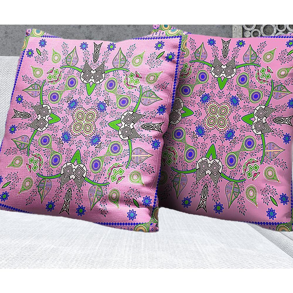 26" X 26" Pink And Green Blown Seam Floral Indoor Outdoor Throw Pillow. Picture 3
