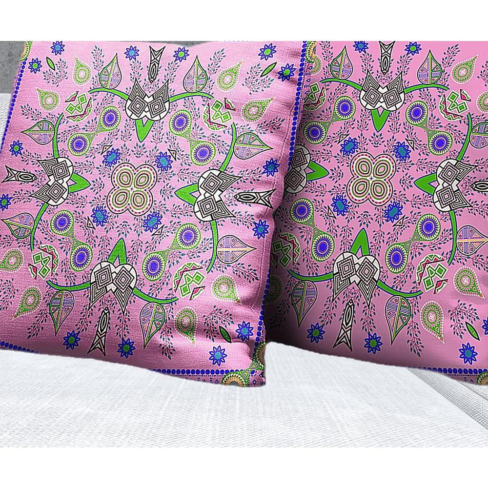 28" X 28" Pink And Green Blown Seam Floral Indoor Outdoor Throw Pillow. Picture 3