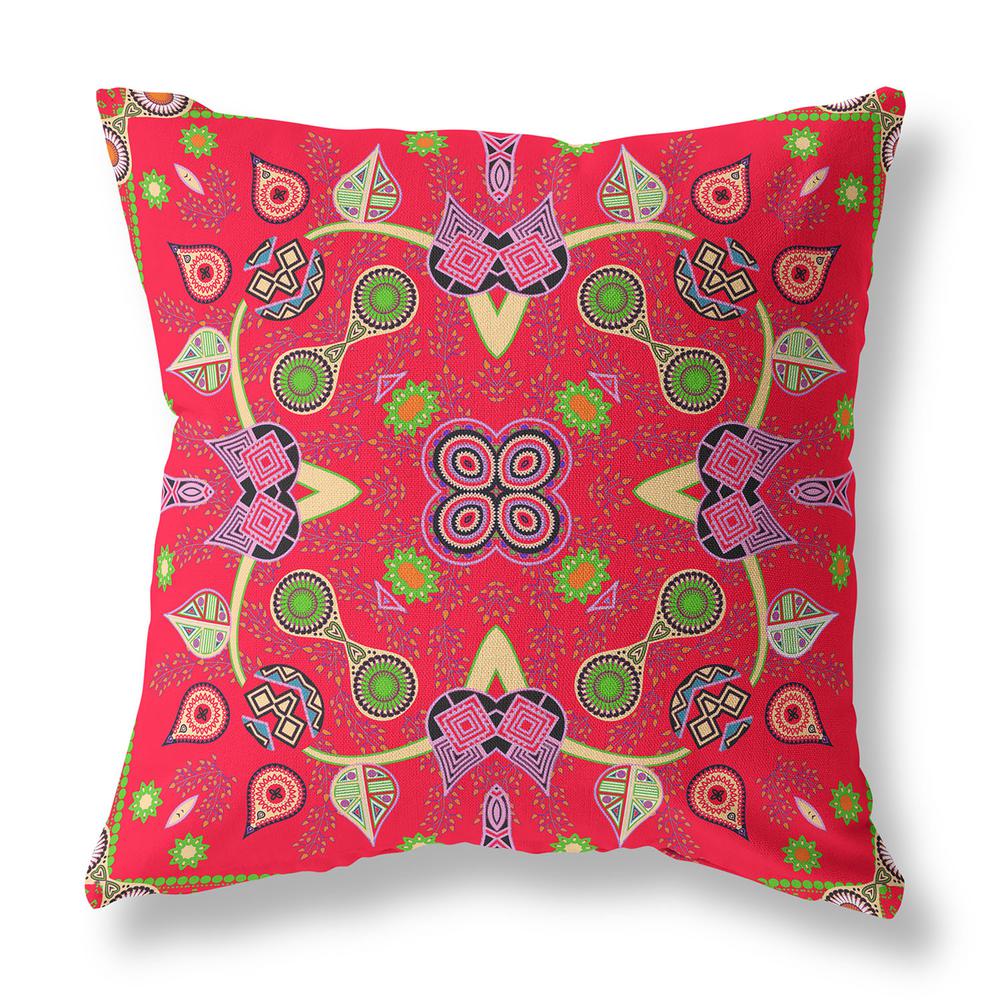 16" x 16" Red Blown Seam Paisley Indoor Outdoor Throw Pillow. Picture 1
