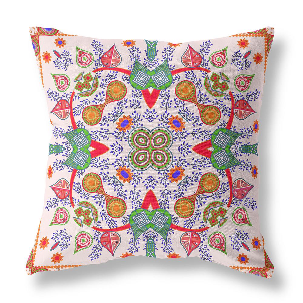 26" X 26" White And Orange Blown Seam Floral Indoor Outdoor Throw Pillow. Picture 1