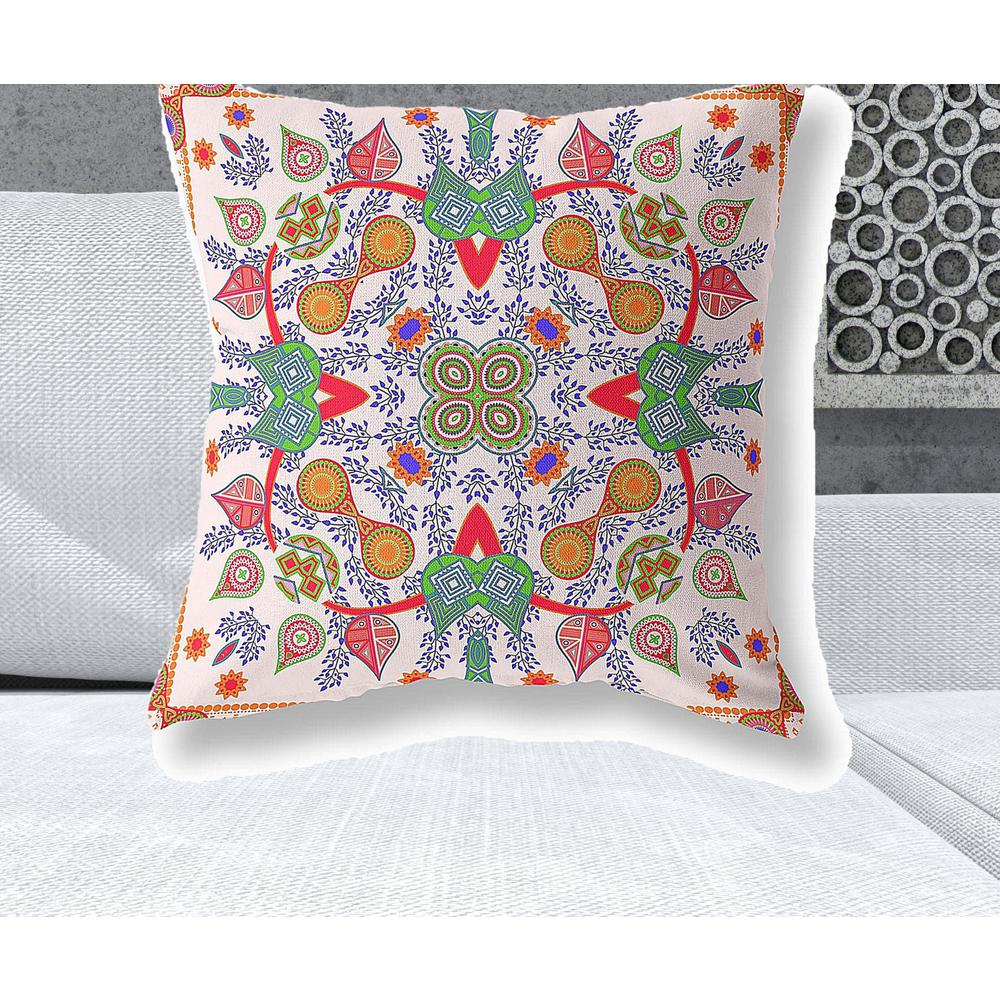 26" X 26" White And Orange Blown Seam Floral Indoor Outdoor Throw Pillow. Picture 2