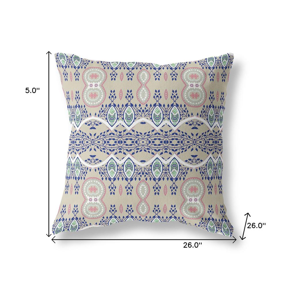 26" X 26" Beige And White Blown Seam Paisley Indoor Outdoor Throw Pillow. Picture 7