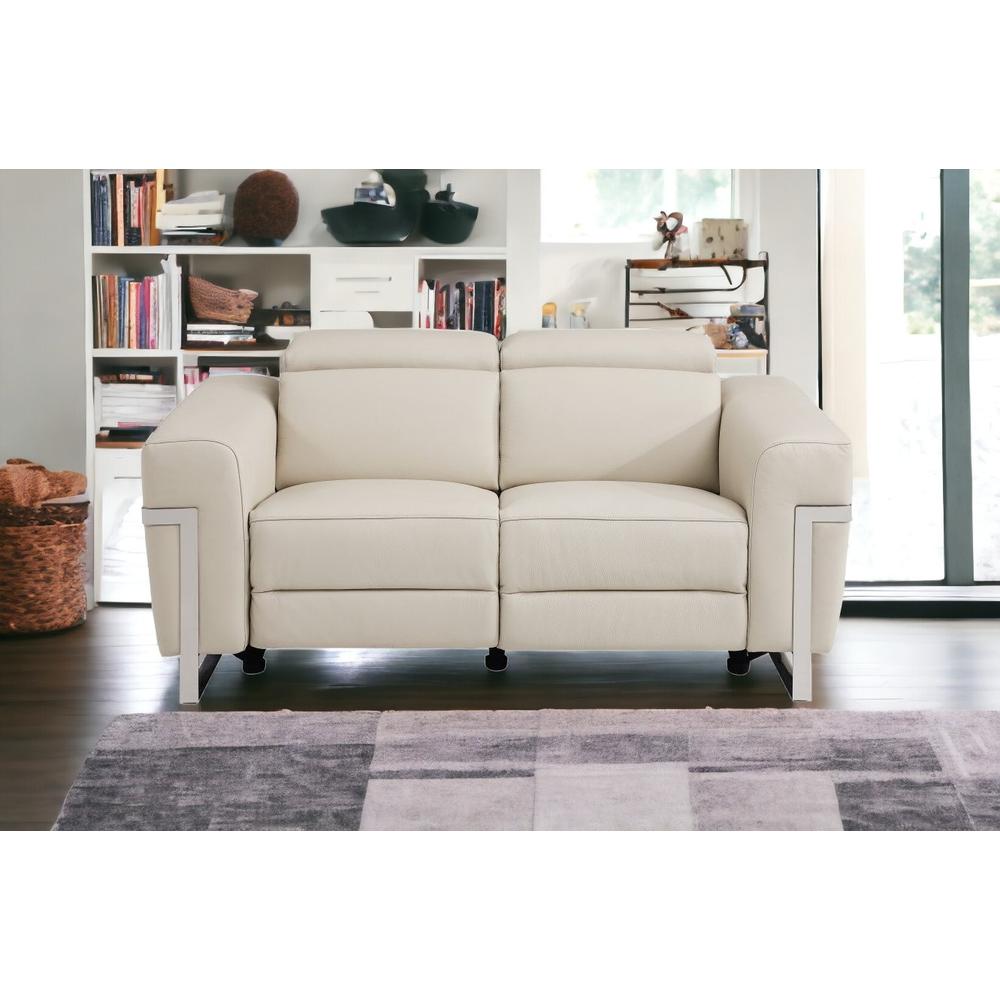 65" Beige And Silver Italian Leather Power Reclining Love Seat. Picture 2