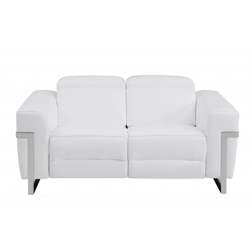 65" White And Silver Italian Leather Power Reclining Love Seat. Picture 3