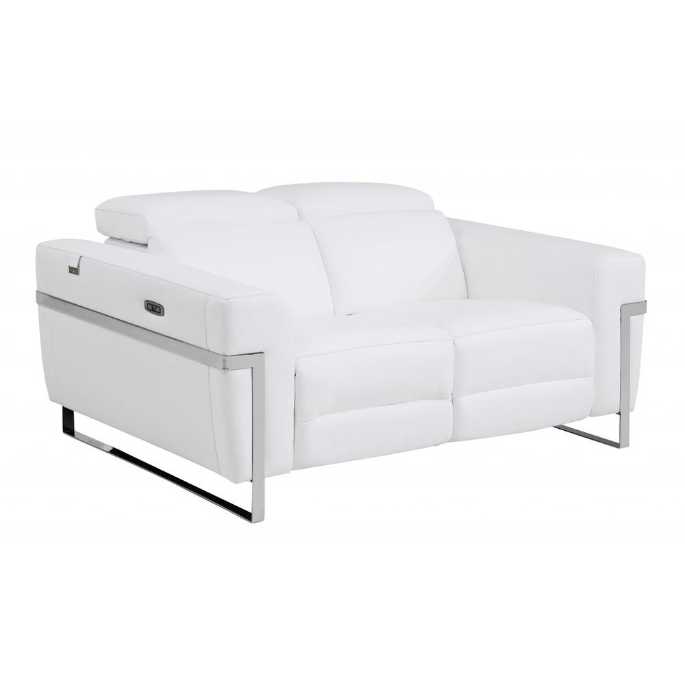 65" White And Silver Italian Leather Power Reclining Love Seat. Picture 1